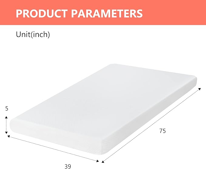 FDW | 5 Inch Twin Mattress | Medium Firm | Gel Memory Foam Mattress | White | Bed in a Box, CertiPUR-US Certified | Pressure Relief, Cooling Ventilated Foam | Washable Removable Cover