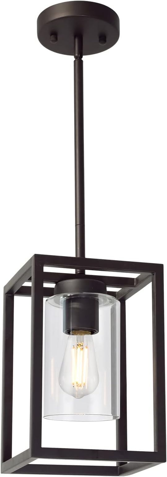 VINLUZ Modern 1-Light Cage Kitchen Island Pendant Lighting with Glass Shade Oil Rubbed Bronze Chandeliers Dining Room Lighting Fixtures Hanging Semi Flush Mount Ceiling Lights Bedrooms Hallway