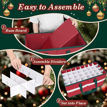 Christmas Ornament Storage Box with Adjustable Dividers Zippered Top Stores up to 128 Holiday Ornaments (3 Inch) Xmas Ball Decorations Organizer Storage Container Bin