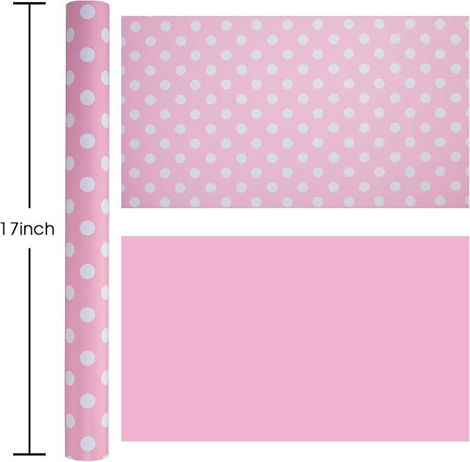 Burymento Pink and White Dots Wrapping Paper, Reversible Pink Gift Wrap for Birthday, Valentines, Mothers day, Graduation, Wedding, Fathers day, Baby Shower, Christmas (17in x 32.8ft)