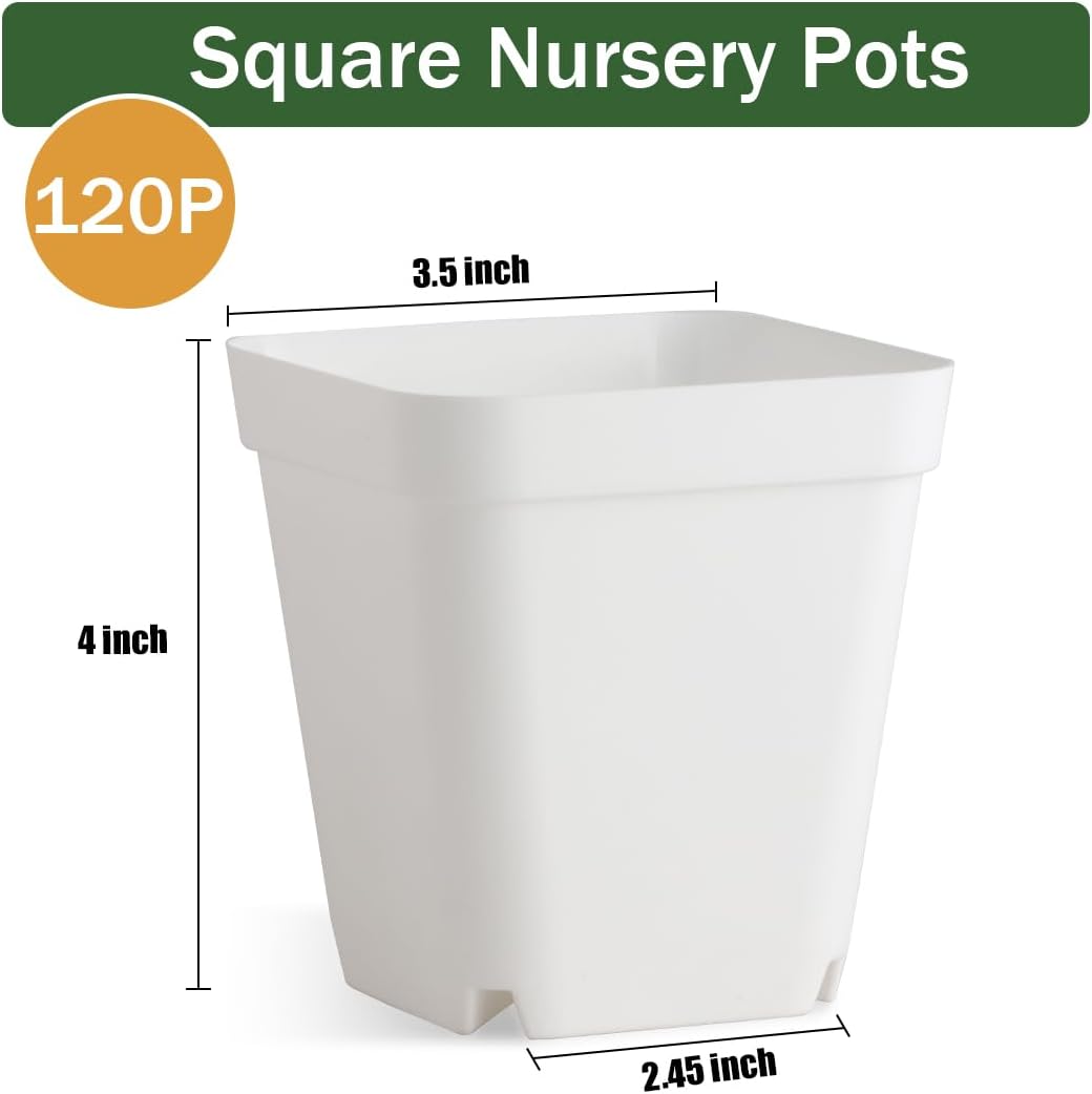 BTPLASTIK 120 Pcs Nursery Pots 3.5 Inch, Plastic Seed Starting Pot with Drainage Holes, Small Sturdy Seedling pots for Planting, Cuttings (White)