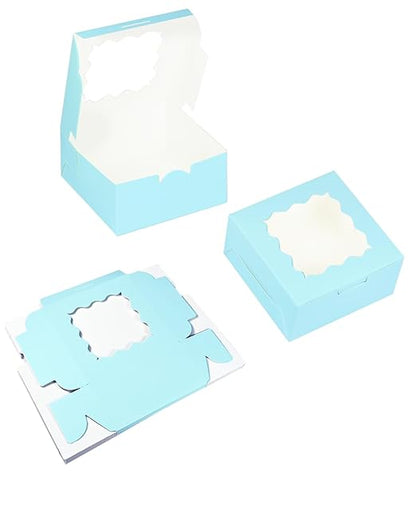 Bakepacker 100pcs Light Blue Cookie Boxes 6x6x3 inches Easy Assemble Macaroon Pastry Boxes Bakery Boxes with Window for Bakery