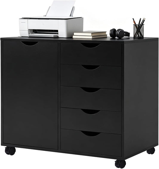 5 Drawer Wood Storage cabinets, Chest of Drawers for Home Office, Printer Stand with Adjustable Shelf (Black)