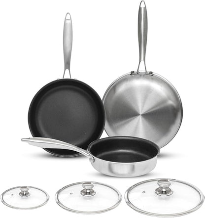 AUDANNE Nonstick Frying Pan Set Stainless Steel with Lid 6 Piece, 8 inch &10 inch & 12 inch Non Stick Fry Skillet PFOA Free, Oven Safe Non-stick Teflon Coated Induction Cooking Kichen Cookware