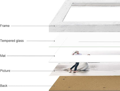 11x14 Picture Frame Set of 4 with Tempered Glass, Distressed White Frame Display 8x10 Picture with Mat or 11 x 14 Without Mat, Wood Rustic Photo Frames for Horizontal or Vertical Wall Mounting