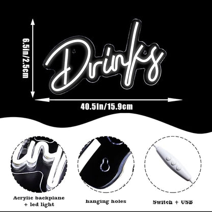Looklight Drinks Neon Sign,Bar Neon Sign,Neon Signs for Wall Decor,Neon Sign For Room,White Neon Light Sign Led Neon Bar Signs USB Connectivity Light Up Wall Decor for Teen Room Bedroom Bar Store