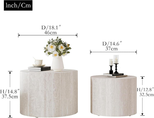 2-Piece Round Nesting Coffee Table Set with Travertine Texture, Modern Stackable Side Table for Small Spaces, Waterproof Anti-Scratch Accent Table for Living Room Bedroom Balcony