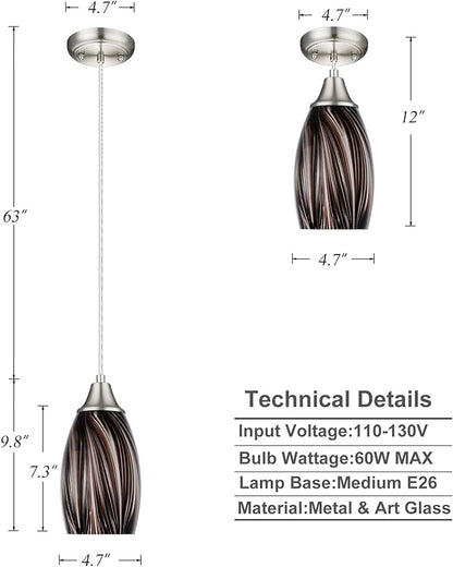 Mini Pendant Lights Kitchen Island,Blown Art Glass Pendant Light Fixtures with Brush Nickel Finish Coffee Brown Hanging Lamp Shade for Kitchen Over Sink,Hallway,Bathroom Dining Room