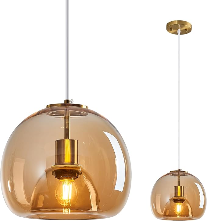 Amber Glass Pendant Lights Kitchen Island Gold Hanging Light Fixture Glass Globe Pendant Light Modern Pendant Lighting for Kitchen Island Bedroom Dining Room (9.84", 1 Pack)
