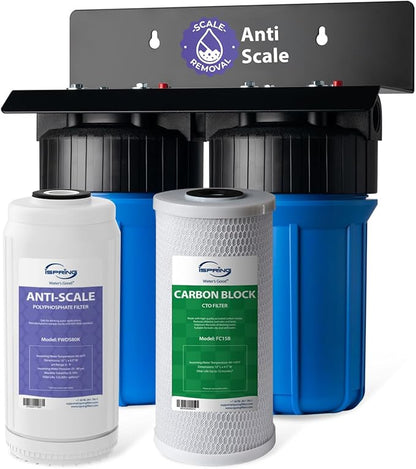 iSpring Anti-Scale Whole House Water Filter System, Reduces up to 99% Chlorine, Odor, and Sediments, 2-Stage Water Descaler and Whole House Water Filter, 1" Inlet/Outlet, Model: WGB21B-DS