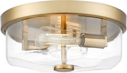 Gold Flush Mount Ceiling Light, 2-Light Hallway Light Fixtures, Modern Farmhouse Farmhouse Ceiling Light Clear Glass Brushed Gold Finish for Kitchen Porch Entryway