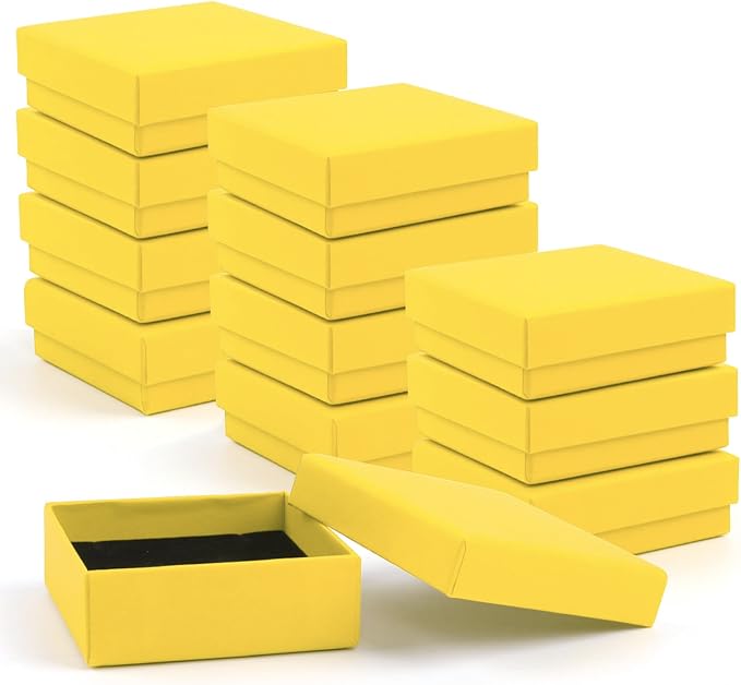 Gift Box Necklace Earring Ring Set, 12 Pieces Square Cardboard Jewelry Boxes, Cotton Filled Paper Case (3.5x3.5x1.25 Inches) (Yellow)
