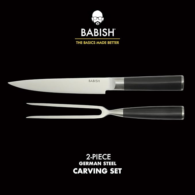 Babish 2-Piece Carving Knife and Fork Set – 8-Inch Stainless Steel Carving Knife with 6.5-Inch Fork – Precision Cutlery for Turkey, Roast, and Meat Carving – Ergonomic ABS Handles