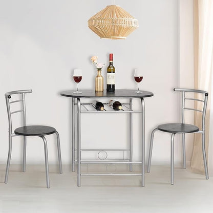 VINGLI 3 Piece Dining Set,Small Kitchen Table Set for 2,Breakfast Table Set,Kitchen Wooden Table and 2 Chairs for Small Space/Dining Room/Apartment,Metal Frame,Wine Rack,Sliver&Black