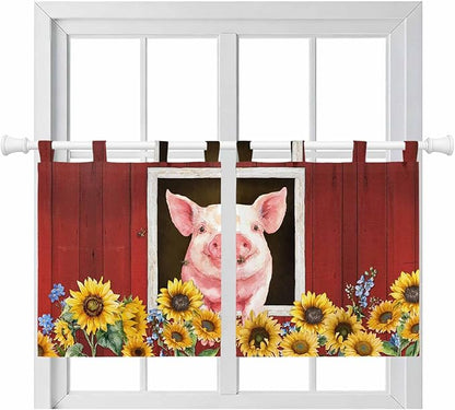 Pigs Sunflowers Kitchen Curtains 24 Inch Length, Small Window Curtains Tab Top, Farmhouse Red Barn Flowers Animals Light Filtering Short Window Treatments Tier Drapes 27.5"x24" 2 Panel