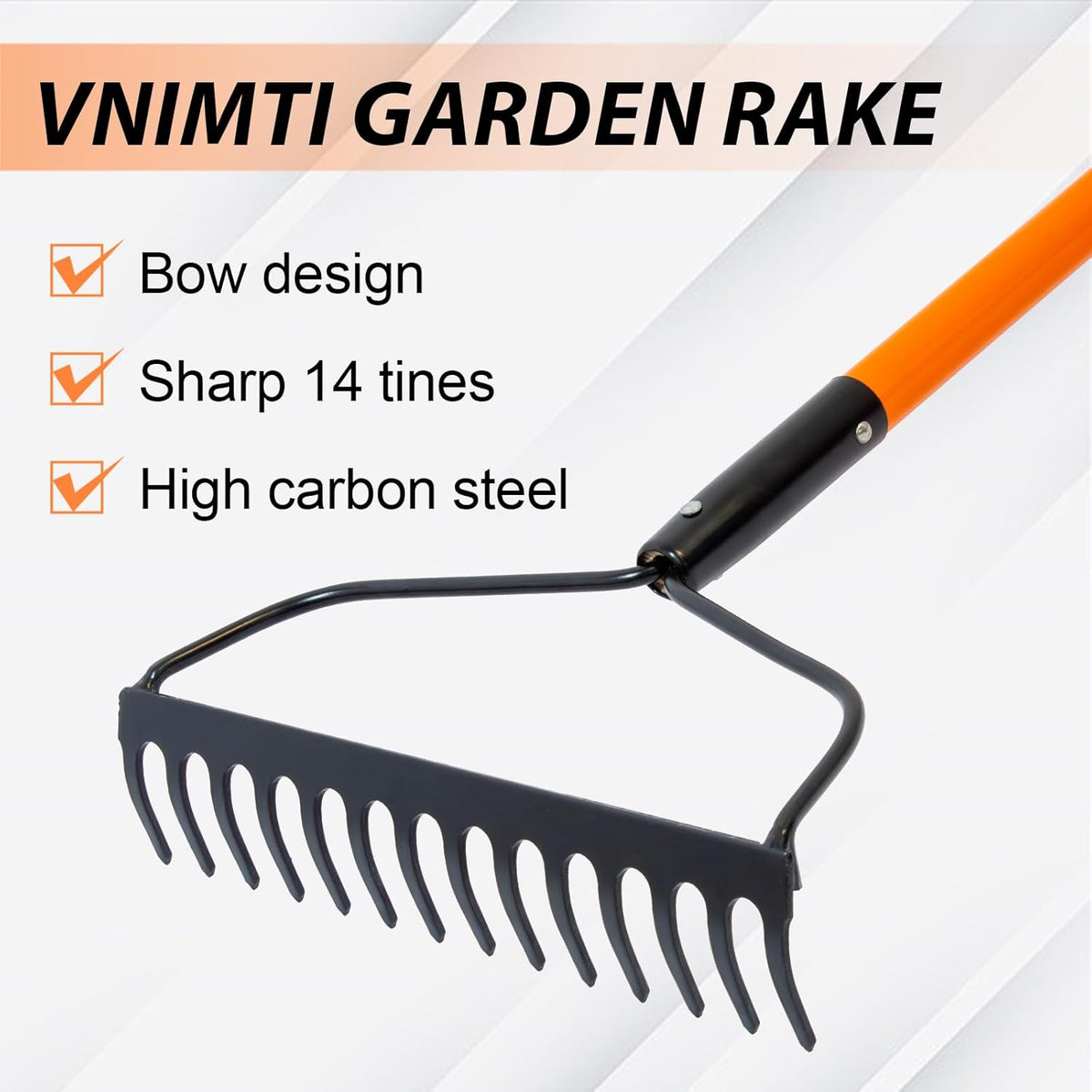 VNIMTI Garden Rake for Gardening, Heavy Duty Garden Rake for Lawns, 14 Tines Bow Rake with Fiberglass Handle, 58 Inches
