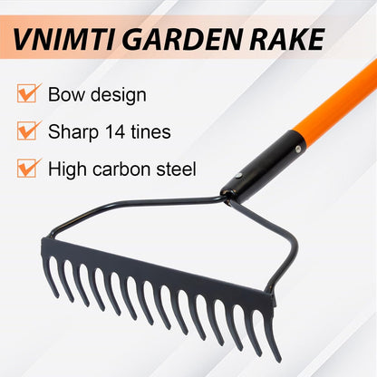 VNIMTI Garden Rake for Gardening, Heavy Duty Garden Rake for Lawns, 14 Tines Bow Rake with Fiberglass Handle, 58 Inches
