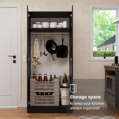 Madesa Kitchen Pantry Storage Cabinet with 2 Doors, Ample Shelf and Hanging Space 31 Inch Utility Armoire Organization Unit - Black
