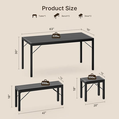 Gizoon 63" Dining Room Table Set for 6, Kitchen Table with 2 Benches and 2 Stools, Dining Table Set with Metal Frame, Space-Saving Kitchen Table Set for Apartment, Black