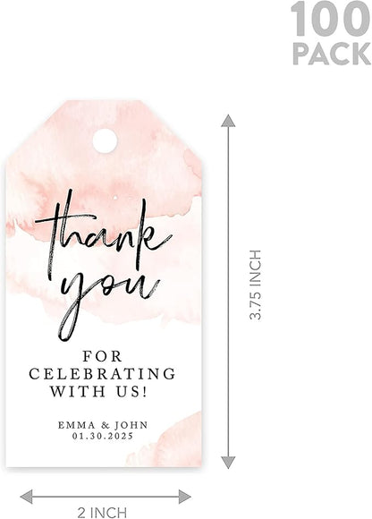 Andaz Press 100-Pack Personalized Thank You for Celebrating with Us Wedding Favor Tags with Bakers Twine Coral Brushed Watercolor Custom Cardstock Wedding Gift Tags for Party Favors 2 x 3.75-Inches