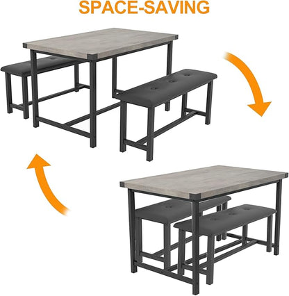 Dining Table Set for 4, Dining Room Table Set with 2 Upholstered Benches, Small Kitchen Table Set, 3 Piece Farmhouse Rectangular Dining Room Table Set, Space Saving Dining Table for Apartment