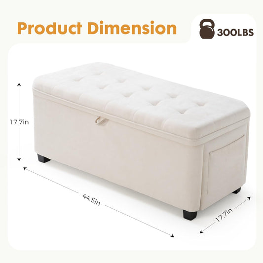 45" Storage Ottoman Bench, Tufted Ottoman with Storage for Living Room, Large End of Bed Ottomans, Modern Entryway Benchs, Window & Bedroom Benches for Foot of Bed (Ivory)