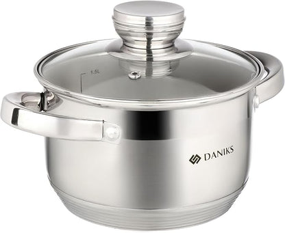 Daniks Standard Stainless Steel Stock Pot with Glass Lid – Induction 2 Quart, Dishwasher Safe, Measuring Scale, For Soup, Pasta, Stew, Silver