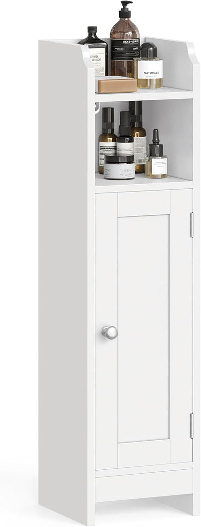 VASAGLE Small Storage Corner Floor Cabinet with Door, 7.9 x 7.1 x 31.5 Inches, Narrow Toilet Paper Storage Holder, Adjustable Shelves, for Bathroom, Living Room, Small Spaces, Cloud White UBBC310W01