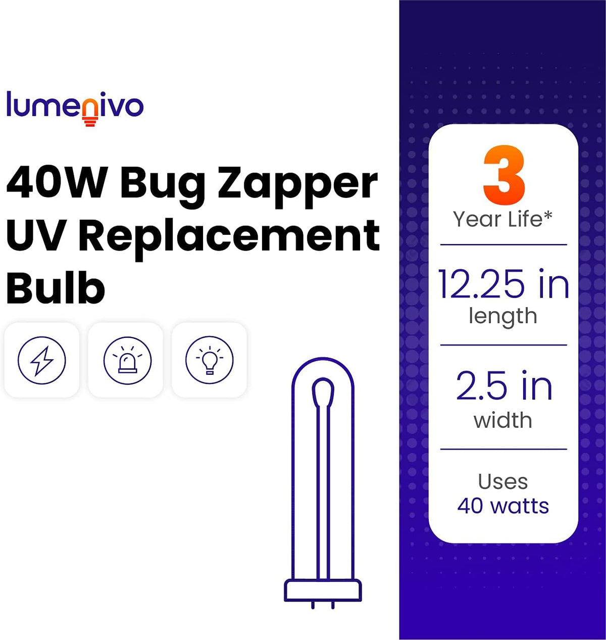40 Watt Bug Zapper Bulb Replacement for Stinger B4045-4 UVB45 by Lumenivo - UV Blacklight Replacement Bulb for Bug Zapper Outdoor and Indoor Fly Trap for Home - 3 Bulbs