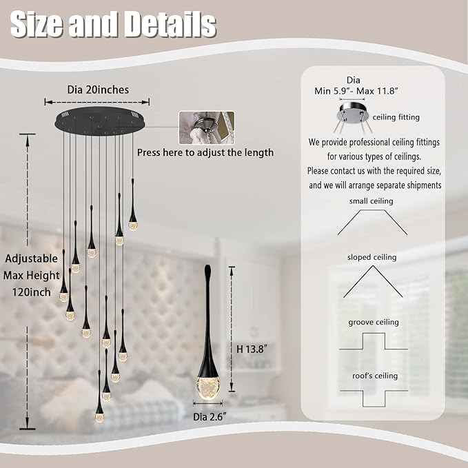 12-Light Black Raindrop Crystal Chandelier 120'' High Ceiling foyers Entrance Chandeliers Staircase Long Pendant Light Dimmbale LED 2700-6000K