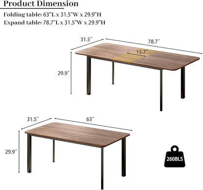 63"- 78.7" Extendable Dining Table, Modern Kitchen Table, Thickened Expandable MDF Wooden Table with Metal Legs for Dining Room, Kitchen, Home