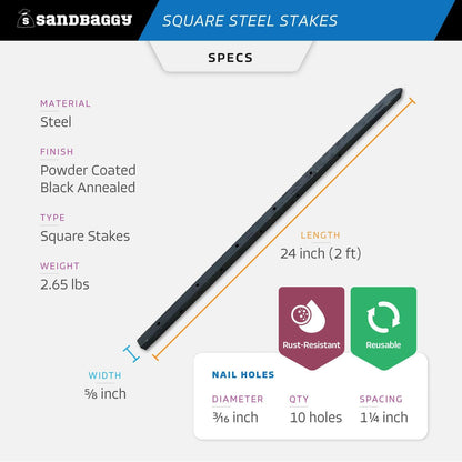 Sandbaggy Square Steel Concrete Form Stakes with Nail Holes - 5/8" Wide - Rust Resistant Coating - Removable, Reusable - Construction Grade Stakes (24 inch, 50)