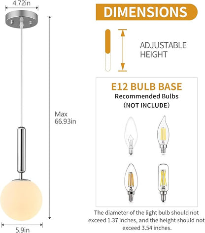 Modern Hanging Light Fixture Pendant Lighting for Kitchen Island Mid Century Chrome Pendant Lights with Globe Milky White Glass Pendant Light for Bedroom Bathroom Entryway (3 Pack)