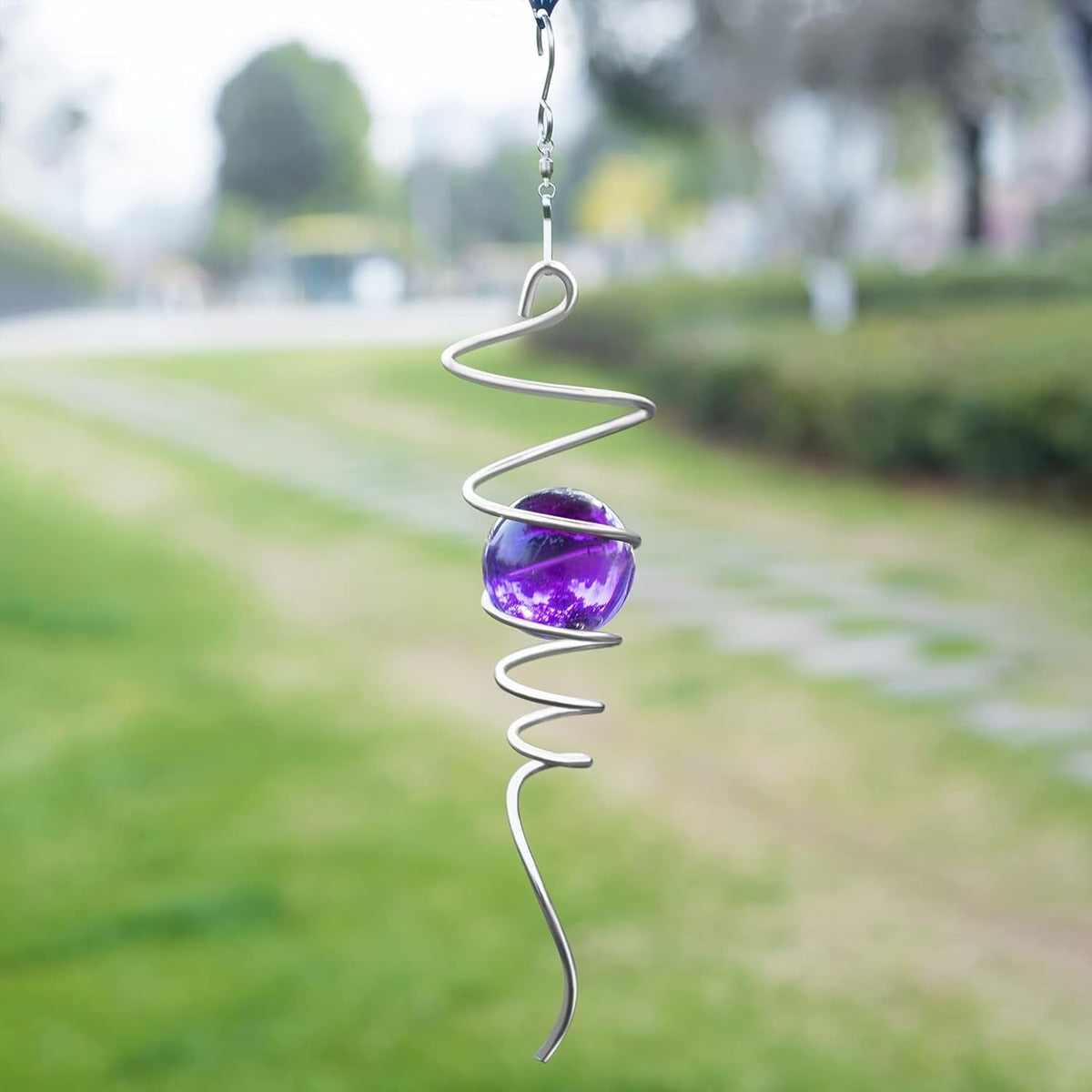 Gazing Ball Spiral Tail Wind Spinner Stabilizer, Garden Decorations Stainless Steel Metal with Hook & Purple Crystal Glass Orb Outdoor Hanging Decor Kinetic Yard 3D Swivel Art Sun Catchers