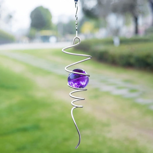 Gazing Ball Spiral Tail Wind Spinner Stabilizer, Garden Decorations Stainless Steel Metal with Hook & Purple Crystal Glass Orb Outdoor Hanging Decor Kinetic Yard 3D Swivel Art Sun Catchers