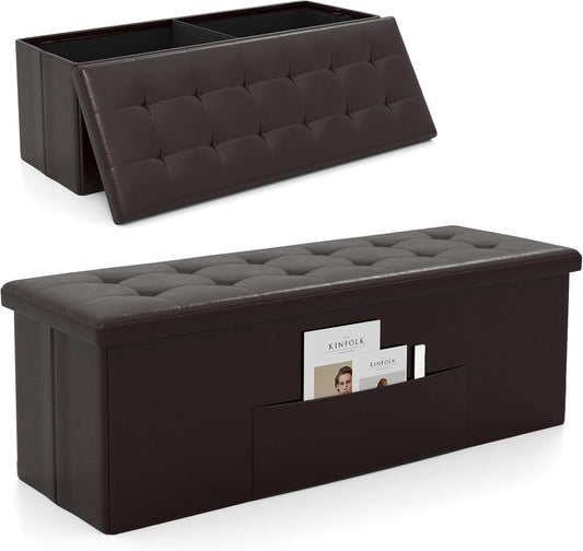 43 Inches Folding Storage Ottoman Bench, Foldable Foot Rest Stool End of Bed Bench with Side Pocket, Storage Chest for Living Room, Entryway & Bedroom (Brown)