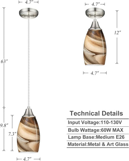 Mini Pendant Lights Kitchen Island Light Brown Glass Lamp Shade Hand Blown Glass Pendant Light with Brush Nickel Finish Adjustable Cord for Kitchen Over Sink, Dining Room (Light Brown-3P)