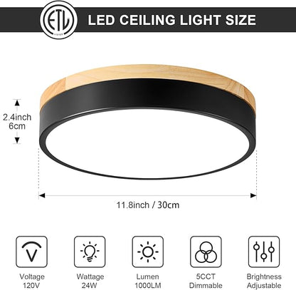Dimmable Wood LED Ceiling Light Fixture, Black Round Low Profile Flush Mount Ceiling Lighting, Modern 5CCT 2700K-6000K Ceiling Lamp for Laundry Room Hallway Kitchen Bedroom, 11.8in