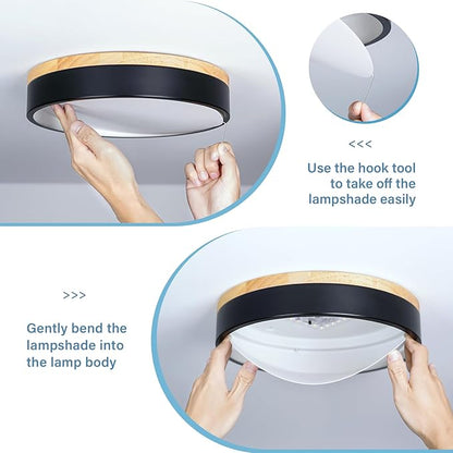 Dimmable Wood LED Ceiling Light, 5CCT 2700K-6000K Modern Black Flush Mount Ceiling Light, Minimalist Round Close to Ceiling Light Fixture for Living Room, Bedroom, Kitchen, 15.74in