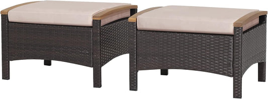 RELAX4LIFE Outdoor Wicker Ottomans for Patio - 2 Pieces PE Rattan Ottoman, Footrest Seat with Zippered Cushions, Acacia Wood Handles, 3-in-1 Footstool, Side Table for Poolside, Backyard (Brown)