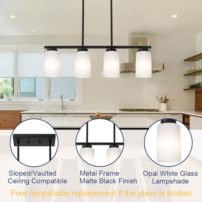 Farmhouse Dining Room Pendant Light Fixtures in Black Finish, 4-Lights Island Lighting with Opal White Glass Shades for Kitchen