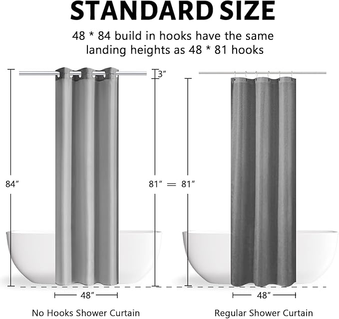 Furlinic No Hook Stall Shower Curtain Fabric,48" Wide Small Narrow Bathroom Curtain with 6 Plastic Built-in Grommets,Waterproof & Machine Washable,Hotel Style,Light Grey,48x84 Inch