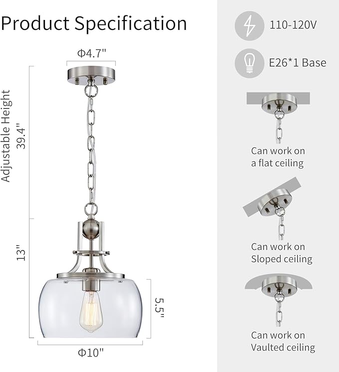 WUZUPS Chandelier Rustic Farmhouse Industrial Round Ceiling Pendant LED Light Fixture with Clear Glass Shades for Dining Room Kitchen Island Foyer Entryway, H 13" x W 10", E26 Base, Brushed Nickel