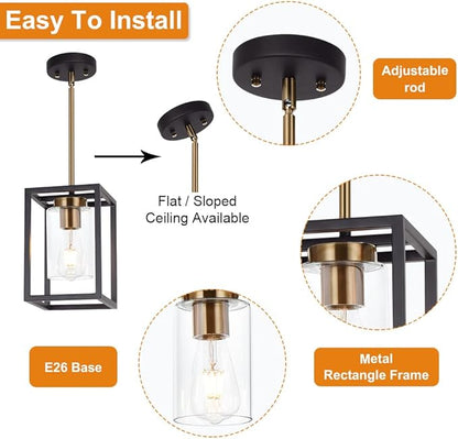 VINLUZ 1-Light Mini Lantern Pendant Light,Black and Brushed Brass Finish Farmhouse Chandelier with Clear Glass Shade Foyer Cage Hanging Ceiling Lighting for Kitchen Island Dining Room Entryway