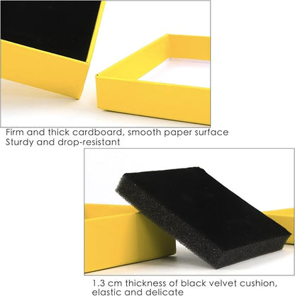 Gift Box Necklace Earring Ring Set, 12 Pieces Square Cardboard Jewelry Boxes, Cotton Filled Paper Case (3.5x3.5x1.25 Inches) (Yellow)