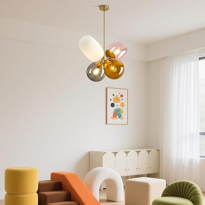 KCO Lighting Modern Colorful Pendant Light Gold Globe Pendant Lighting Stained Glass Balloon Chandelier Light Fixture Colored Glass Pendant Lights Kitchen Island for Kids Room