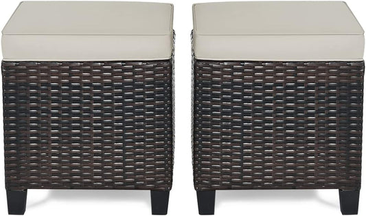 RELAX4LIFE 2-Piece Patio Ottoman Set - Wicker Footstools, All Weather PE Rattan Ottoman with Removable Cushions, Square Footrest Seat, Outdoor Stools for Garden, Porch, Pouf Ottoman (Brown)