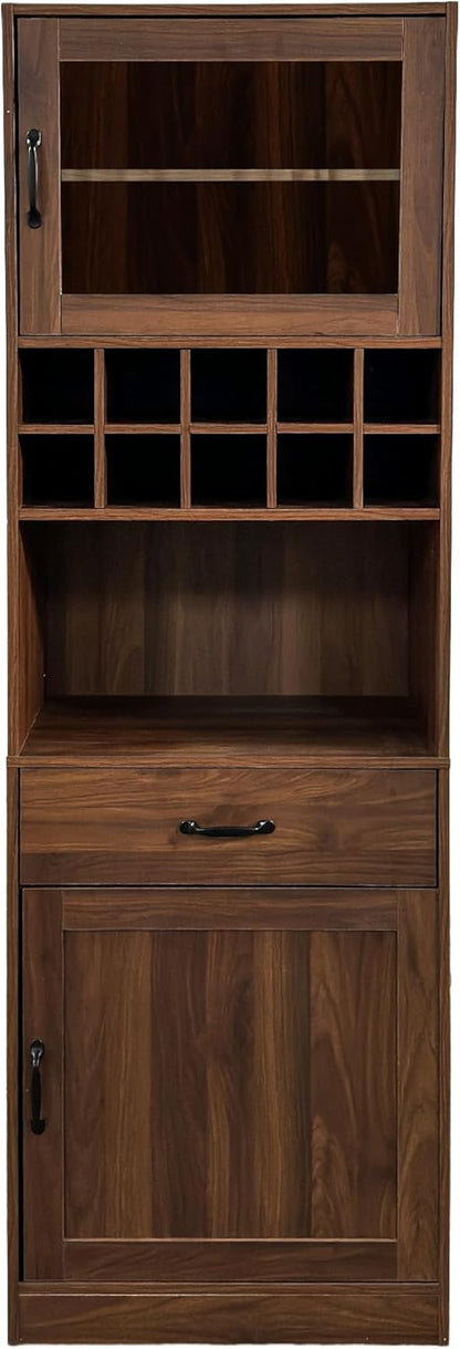KEIKI 70.87" H Tall Kitchen Pantry Wine Bar Storage Cabinet with Countertop, Wine Rack, Glass Doors, Drawers, Wood Freestanding Hutch Food Pantries Cupboard for Coffee, Dining Living Room
