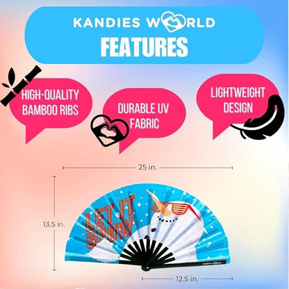 Kandies World UV Reactive Custom Festival Folding Hand Fan - Unique Designs, Made of Bamboo, Clacking Sound, Lightweight - Perfect Rave and Festival Accessory!