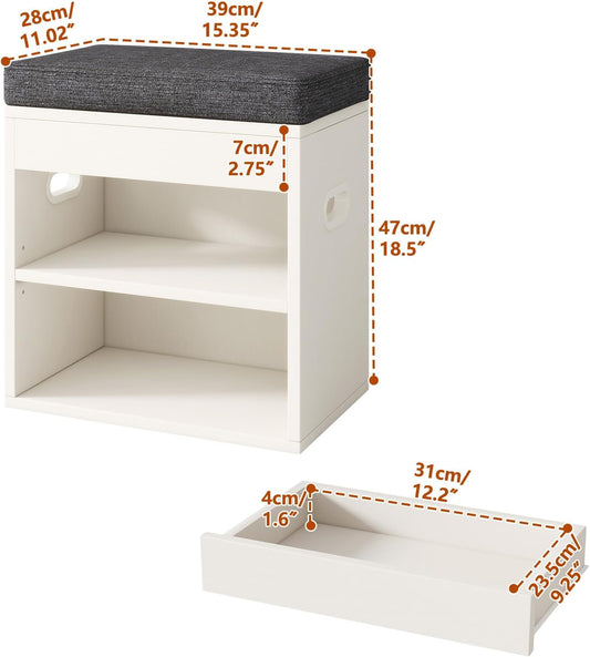YMYNY Small Shoe Storage Bench with Cushion and Drawer, 2 Tier Adjustable Entryway Bench with Storage, Wooden Shoe Rack Bench for Entryway, Living Room, Hallway, Closet, Bedroom, White, HSC002W